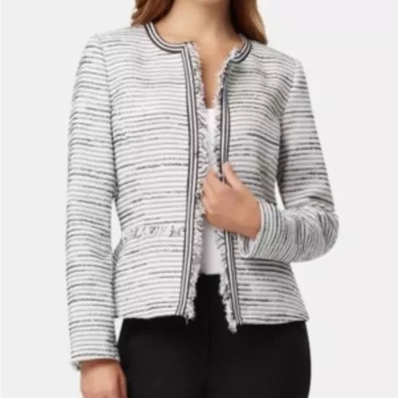 Tahari by ASL Boucle Open Front Fray Trim Black and White Striped Jacket Sz 16P - Picture 11 of 11